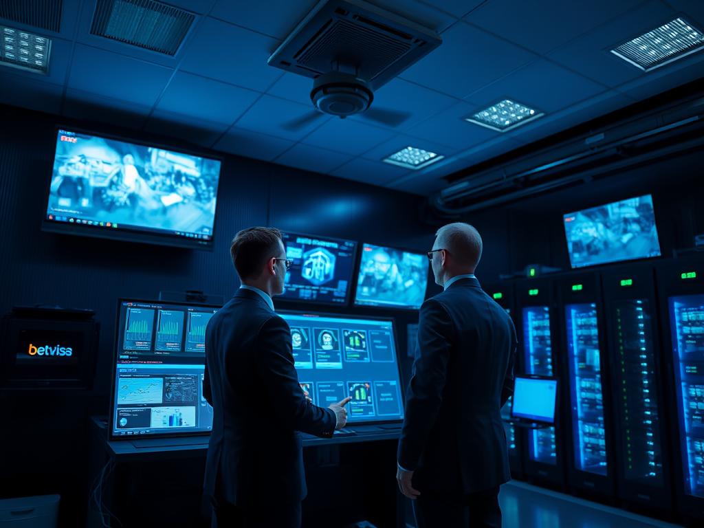A professional, high-quality image of "Betvisa Security Measures". A well-lit scene showing a modern security control room with multiple screens displaying real-time surveillance footage and system diagnostics. In the foreground, an executive in a business suit stands before a large touchscreen interface, monitoring the Betvisa security system. The room is dimly lit, with blue and green accents creating a sense of technological sophistication. The background features rows of server racks and state-of-the-art security equipment, conveying Betvisa's commitment to data protection and user safety. The overall atmosphere is one of reliable, cutting-edge security that instills confidence in the Betvisa brand. A professional, high-quality image of "Betvisa Security Measures". A well-lit scene showing a modern security control room with multiple screens displaying real-time surveillance footage and system diagnostics. In the foreground, an executive in a business suit stands before a large touchscreen interface, monitoring the Betvisa security system. The room is dimly lit, with blue and green accents creating a sense of technological sophistication. The background features rows of server racks and state-of-the-art security equipment, conveying Betvisa's commitment to data protection and user safety. The overall atmosphere is one of reliable, cutting-edge security that instills confidence in the Betvisa brand.