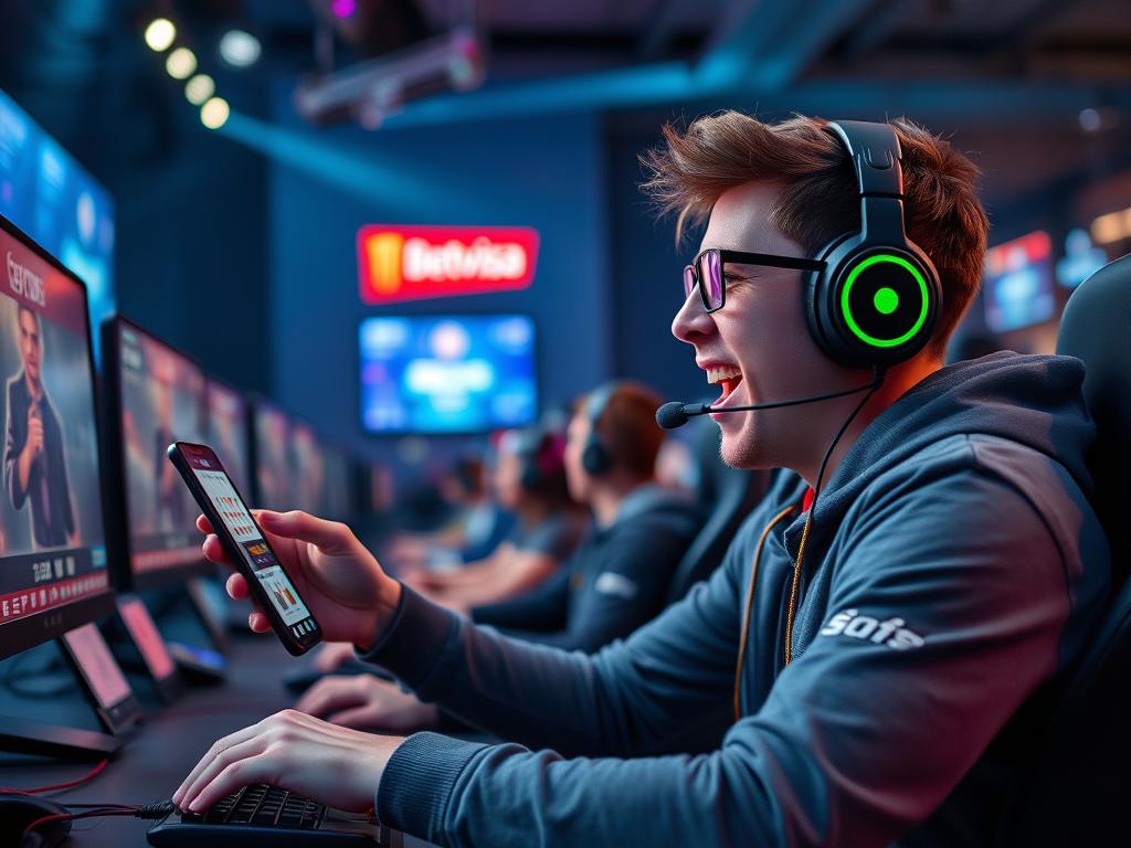 Generate an image of a gamer placing a bet on Betvisa during a live esports event. Generate an image of a gamer placing a bet on Betvisa during a live esports event.