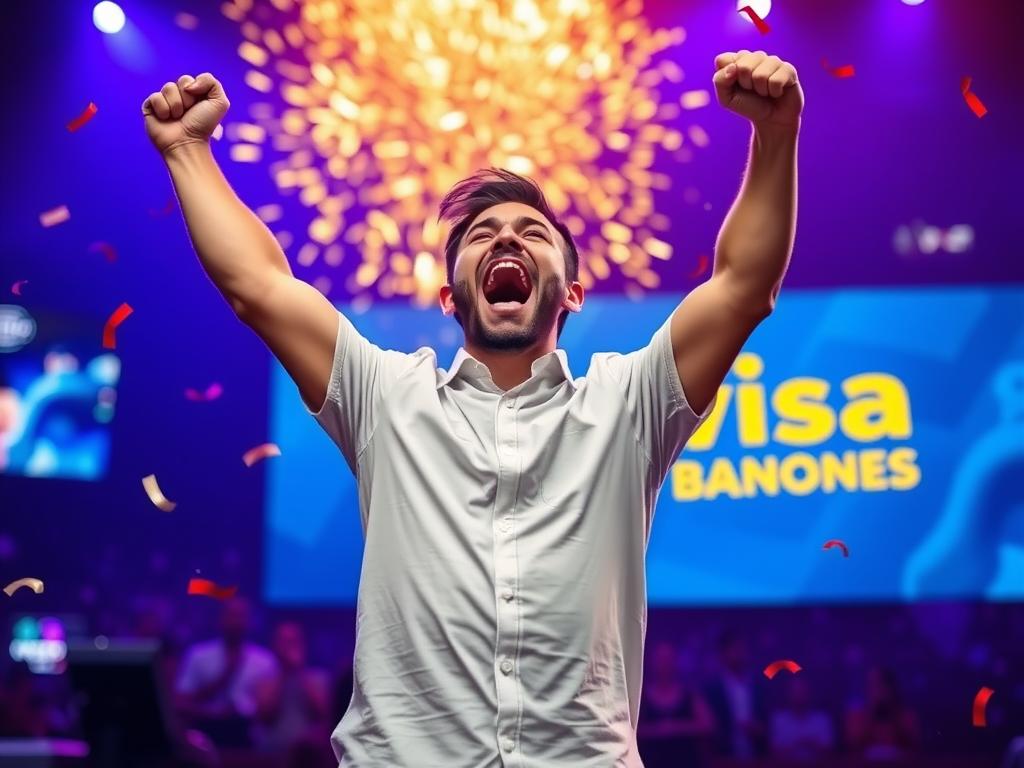 Generate an image of a person celebrating a win with a Betvisa bonus offer banner in the background. Generate an image of a person celebrating a win with a Betvisa bonus offer banner in the background.